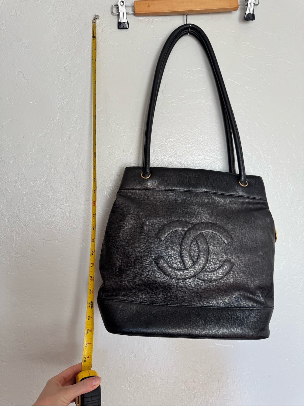 CHANEL 1990 Vintage Black Quilted Caviar Leather CC Logo Shoulder Tote